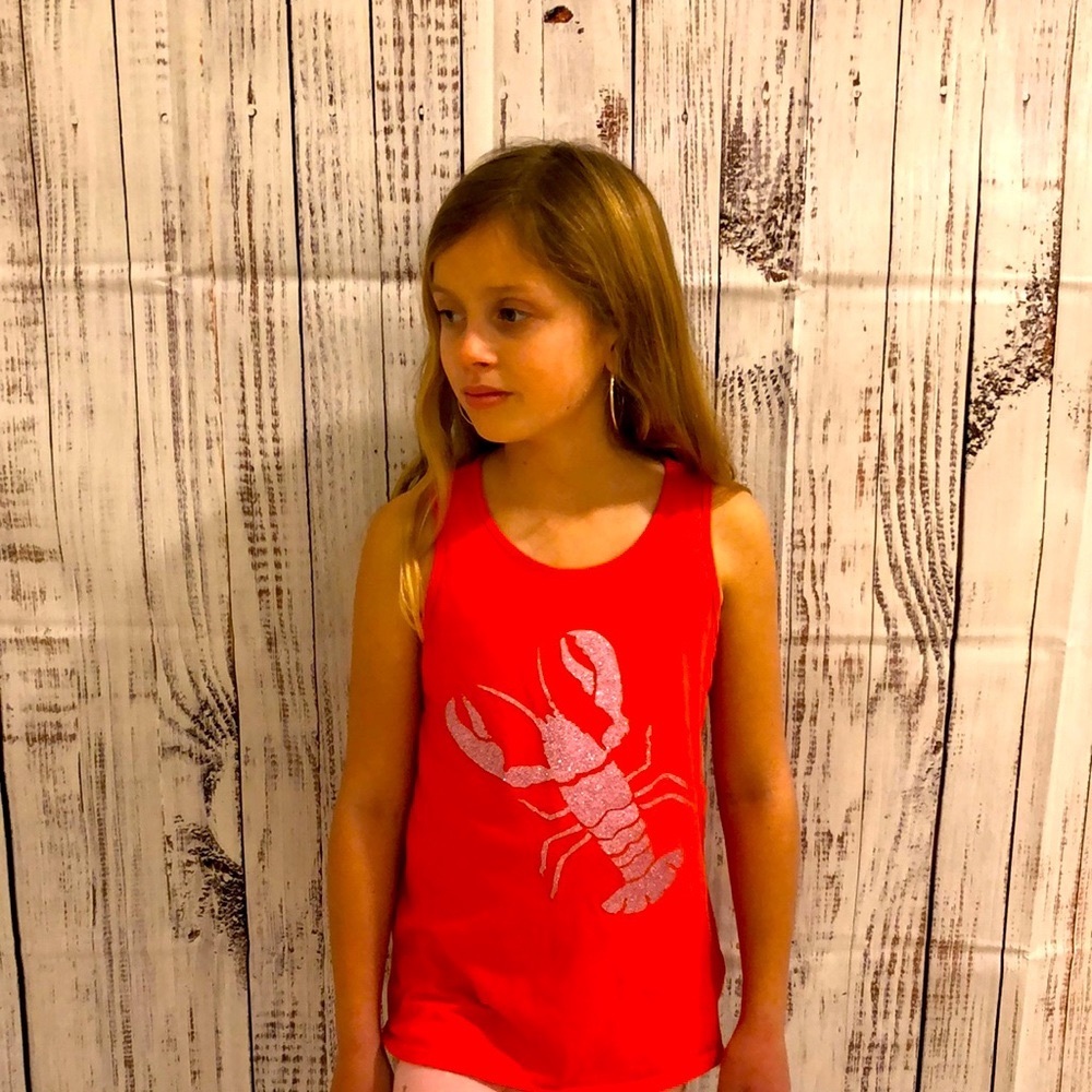 Crewcuts red sleeveless shirt with sparkly purple lobster on the front